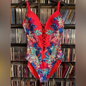 Kenneth Cole Red Floral Slimming One Piece Swimsuit Size Medium